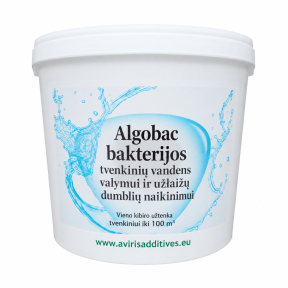 Algobac bakterid tiigivee töötlemiseks ja vetikate vähendamiseks. 1 kg pakend 8x125g lahustuvates kottides. Kuni 1000 m2 tiigi pindala jaoks.