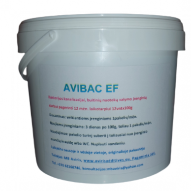 Baktērijas AVIBAC EF privātmājām u.c. uzlabot bioloģiskās attīrīšanas iekārtu darbu. 6 mēneši iepakojums. 6 gab.x100g