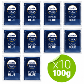 Sinine dekoratiivne tiigivärv "Dyofix Pond Blue" 100 g lahustuvates kottides vetikate ja veeumbrohu vastu. 1 kg kuni 10 000 m3 vee kohta.
